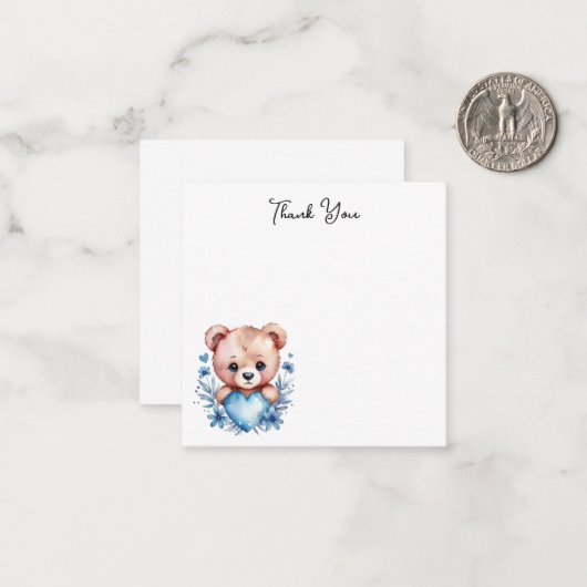 かわいい水色クマ青ハートありがとう ノートカード (正面/裏面インサイチュ)