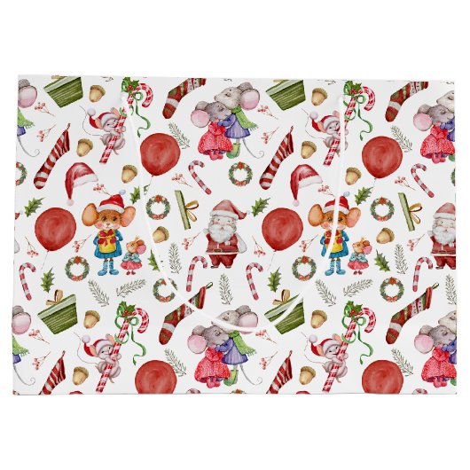 かわいい水色クリスマスネズミ&サンタキッズ ラージペーパーバッグ (裏面)