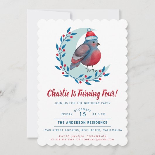 かわいい水色クリスマスバードキッドバースデーパーティー 招待状 (正面)