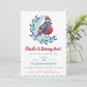 かわいい水色クリスマスバードキッドバースデーパーティー 招待状 (スタンド正面)