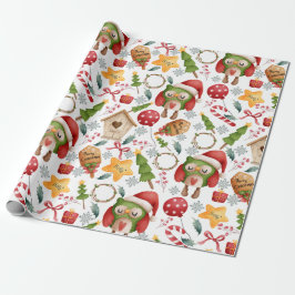 かわいい水色クリスマスフクロウ ラッピングペーパー