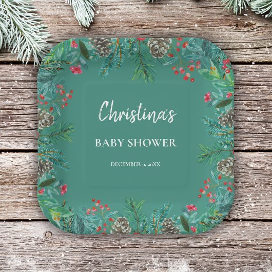 かわいい水色クリスマスベビーシャワーグリーン ペーパープレート