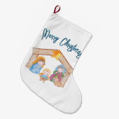 かわいい水色クリスマス出生シーン ラージクリスマスストッキング (正面 (吊り時))