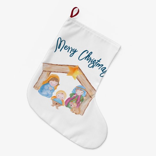 かわいい水色クリスマス出生シーン ラージクリスマスストッキング (正面 (吊り時))