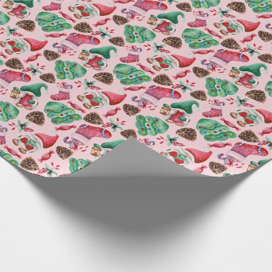 かわいい水色クリスマス格言パターンピンク ラッピングペーパー (角)