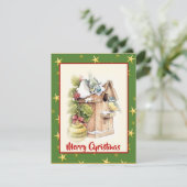 かわいい水色クリスマス装飾鳥の雪の星 シーズンカード (スタンド正面)