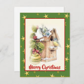 かわいい水色クリスマス装飾鳥の雪の星 シーズンカード (正面/裏面)