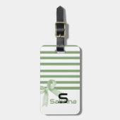 かわいい水色グリーンボウストライプズ ラゲッジタグ (正面縦)
