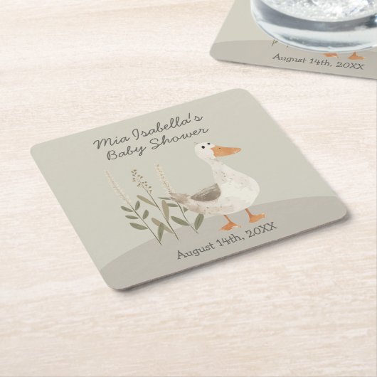 かわいい水色グースベイビーシャワー紙コースター スクエアペーパーコースター (アングル)