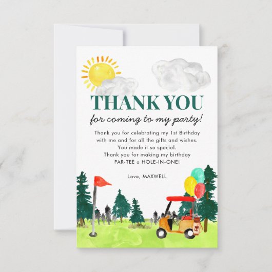 かわいい水色ゴルフカート誕生日パルティーパーティー サンキューカード (正面)