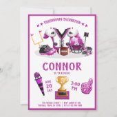 かわいい水色サッカーオールスターピンク誕生日 招待状 (正面)