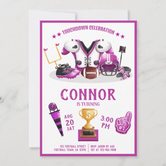 かわいい水色サッカーオールスターピンク誕生日 招待状 (正面)