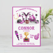 かわいい水色サッカーオールスターピンク誕生日 招待状 (スタンド正面)