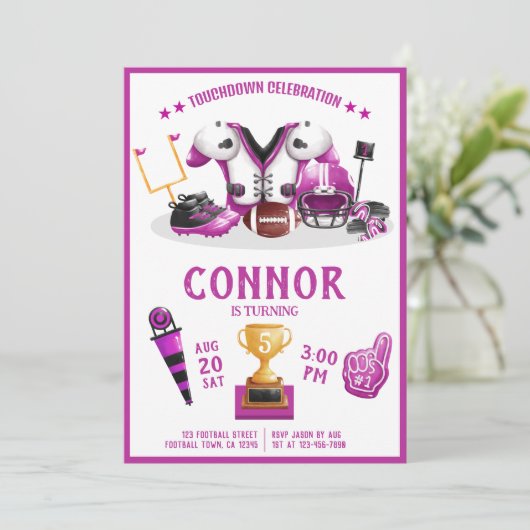 かわいい水色サッカーオールスターピンク誕生日 招待状 (スタンド正面)