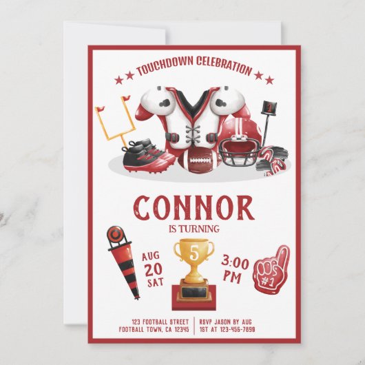 かわいい水色サッカーオールスターレッド誕生日 招待状 (正面)