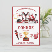 かわいい水色サッカーオールスターレッド誕生日 招待状 (スタンド正面)