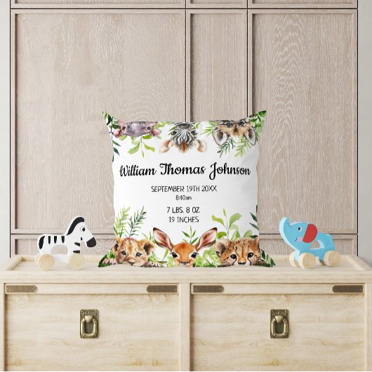 かわいい水色サファリ動物ベビー誕生統計 クッション