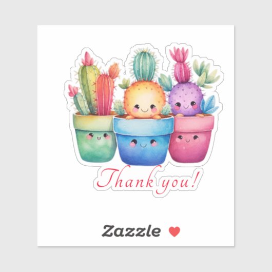 かわいい水色サボテンピンクありがとうカスタムカット シール (シート)