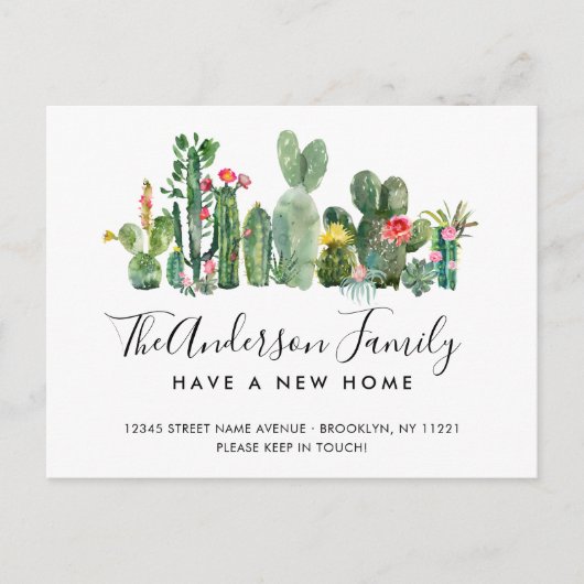 かわいい水色サボテン家族の名前の新しいホームムービング 案内ポストカード (正面)