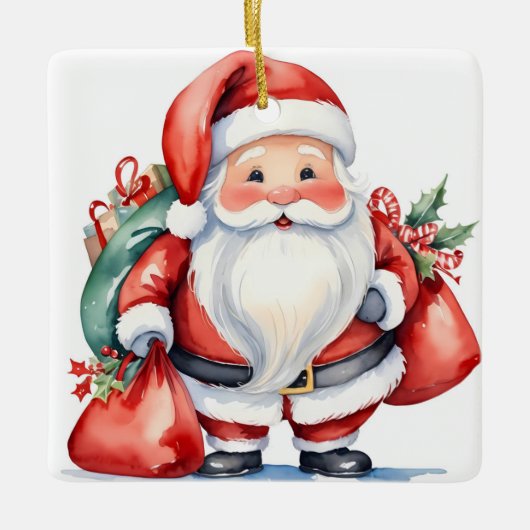 かわいい水色サンタクロース赤いプレゼントバッグ セラミックオーナメント (正面)