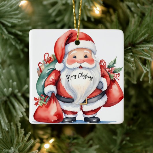 かわいい水色サンタクロース赤いプレゼントバッグ セラミックオーナメント (ツリー)