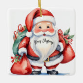 かわいい水色サンタクロース赤いプレゼントバッグ セラミックオーナメント (正面)