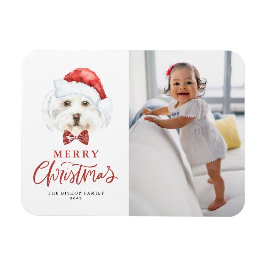 かわいい水色サンタマルチーズドッグフォトクリスマス マグネット (横)