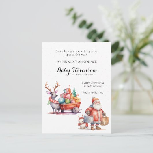 かわいい水色サンタ妊娠発表 シーズンポストカード (スタンド正面)