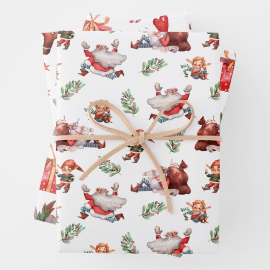 かわいい水色サンタ小妖精や小人ジンジャーブレッドクリスマス ラッピングペーパーシート (インサイチュ)