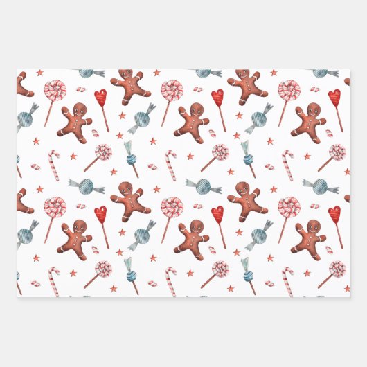 かわいい水色サンタ小妖精や小人ジンジャーブレッドクリスマス ラッピングペーパーシート (正面3)