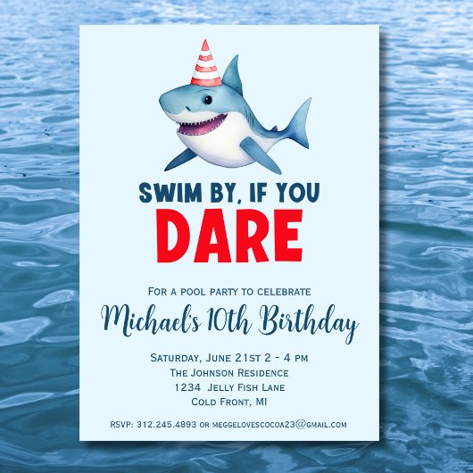 かわいい水色シャークプールパーティー誕生日 招待状