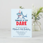 かわいい水色シャークプールパーティー誕生日 招待状 (スタンド正面)