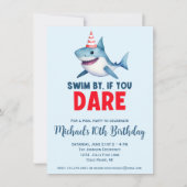 かわいい水色シャークプールパーティー誕生日 招待状 (正面)