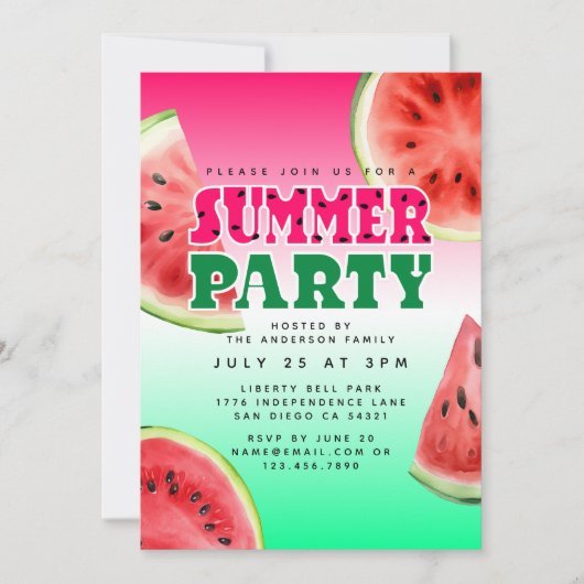 かわいい水色スイカ夏パーティー 招待状 (正面)