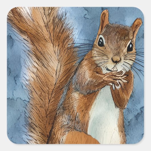 かわいい水色スケッチリス スクエアシール (正面)