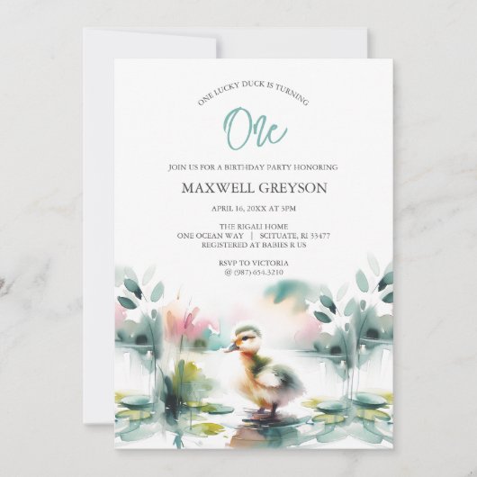 かわいい水色ダックキッドの誕生日招待状 招待状 (正面)