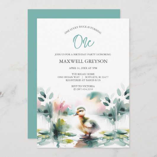 かわいい水色ダックキッドの誕生日招待状 招待状 (正面/裏面)