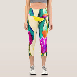 かわいい水色チューリップベージュイエローピンク カプリレギンス