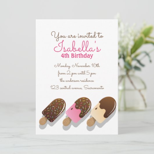 かわいい水色チョコレートアイスクリーム誕生日 招待状 (スタンド正面)