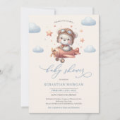 かわいい水色テディベアパイロット銅飛行機 招待状 (正面)