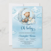 かわいい水色テディベア月の上で眠る 招待状 (正面)