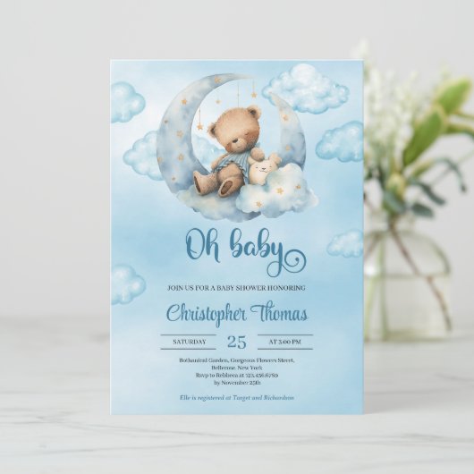 かわいい水色テディベア月の上で眠る 招待状 (スタンド正面)