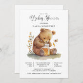 かわいい水色テディベア蜂蜜ポット赤ちゃんシャワー 招待状 (正面/裏面)