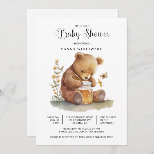 かわいい水色テディベア蜂蜜ポット赤ちゃんシャワー 招待状 (正面/裏面)
