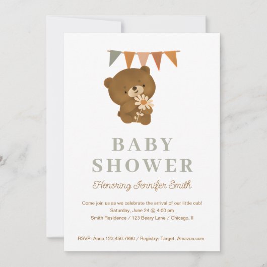 かわいい水色テディベア赤ちゃんシャワー 招待状 (正面)