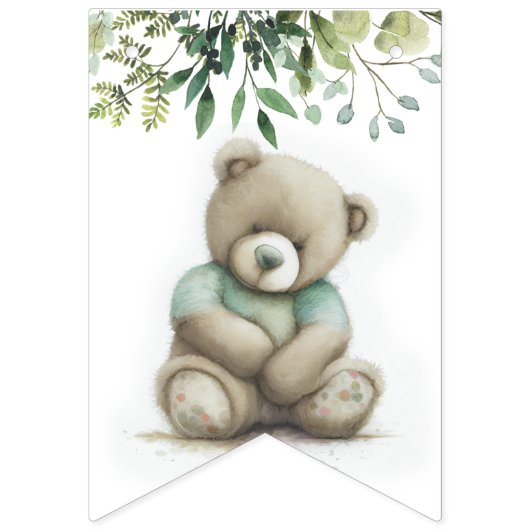 かわいい水色テディベア離れ誕生日任意の年齢 バンティングフラッグ (第1の旗)