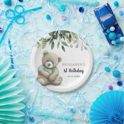 かわいい水色テディベア離れ誕生日任意の年齢 ペーパープレート (パーティー)
