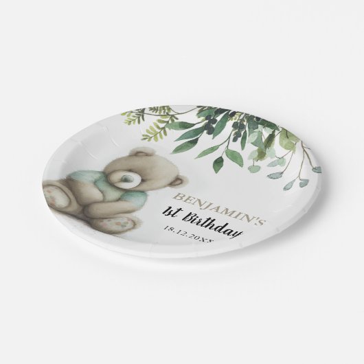 かわいい水色テディベア離れ誕生日任意の年齢 ペーパープレート (アングル)