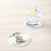 かわいい水色テディベア離れ誕生日任意の年齢 ラウンドペーパーコースター (インサイチュ)