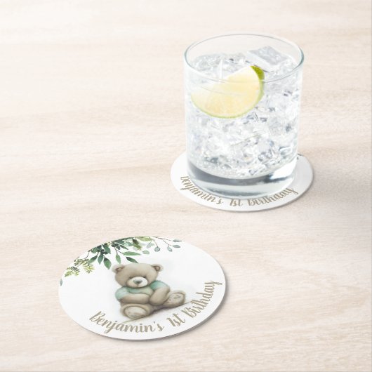 かわいい水色テディベア離れ誕生日任意の年齢 ラウンドペーパーコースター (インサイチュ)